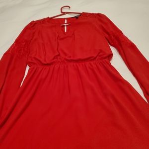 Express cherry red for and flare dress with beautiful detailed sleeves, size XS